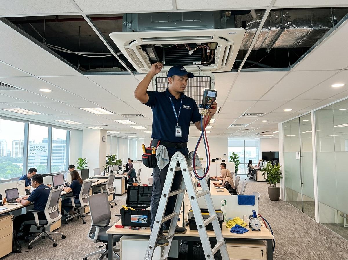 Nurisa Aircond technician servicing a 4-way ceiling cassette in a Bangi corporate tech office