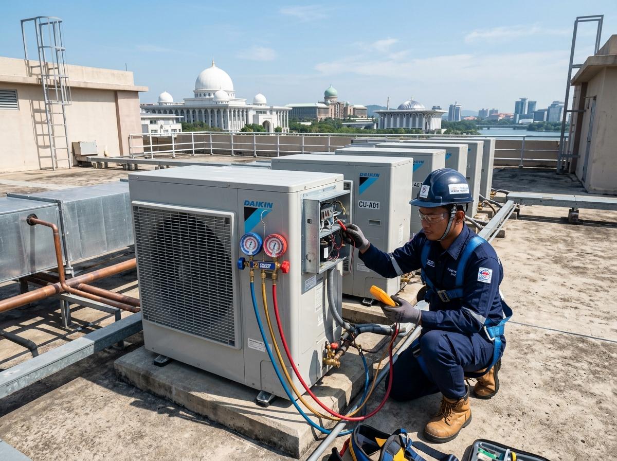 Nurisa Aircond certified technician checking commercial rooftop aircon condenser fleet in Bangi